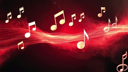 Poster - Musical notes drift elegantly through a vibrant red background creating a lively yet soothing atmosphere, Musical Notes Red Drifting