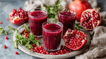 Aufkleber - Three glasses of vibrant pomegranate juice are beautifully arranged on a marble tray, surrounded by scattered seeds and softly glowing morning light
