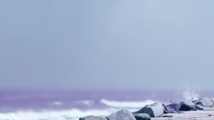 Poster - Blurry coastal shoreline with gentle waves softly illuminated in lavender hues. The tranquil atmosphere invites peaceful reflection and relaxation by the water