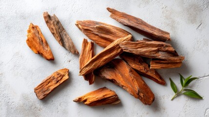 Poster - Sandalwood chips are arranged neatly on a matte white surface, highlighting their rich texture and organic edges in a neutral light setting
