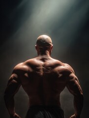 Poster - Muscular Back Flexed Under Spotlight Showcasing Strength and Determination in a Dimly Lit Environment