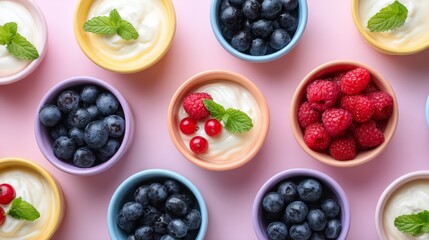 Poster - Colorful pastel bowls filled with yogurt and topped with assorted berries and fresh mint leaves, arranged closely on a flat surface