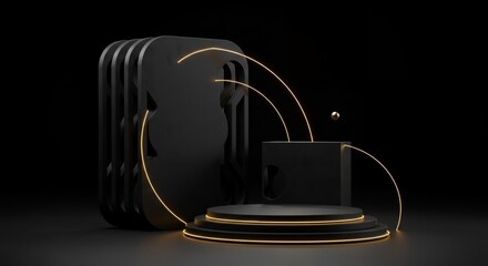 Poster - Abstract geometric black scene with golden lines and a stage. Minimalist dark composition with a podium and cube, 3D rendering, modern design.