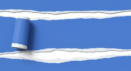Poster - Blue ripped paper with a rolled edge reveals white space below, creating a design element for message presentation or background usage, with texture and detail.