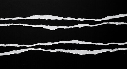 Poster - Close-up abstract shot of ripped white paper strips on a black background, showcasing texture and a minimalist composition, creating a visual contrast.