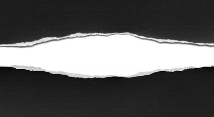 Poster - Close-up of torn black paper revealing a bright white space, showcasing a texture and design concept, perfect for backgrounds and presentations.