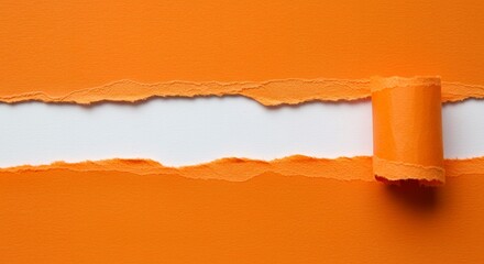Poster - Close-up of torn orange paper revealing white background, with a curled edge, showcasing texture and creative abstract design for backgrounds.