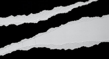 Poster - Close-up of torn white paper on a black background, showing rough edges and a sense of destruction or unveiling, ideal for design projects.