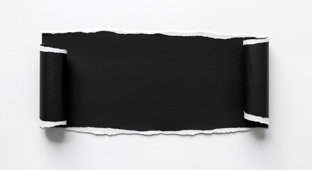 Poster - Close-up shot of a torn black paper revealing a blank space in the center, with rolled edges, a concept for design and presentation.