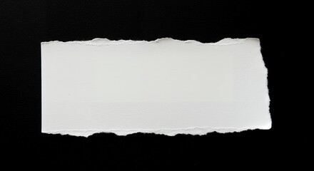 Poster - Close-up shot of a torn white paper rectangle on a black background, showcasing textured edges and a minimalist aesthetic with copy space.
