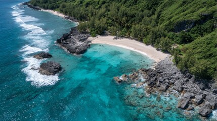 Poster - Discover a stunning turquoise lagoon with gentle waves reaching a white sandy beach, framed by vibrant green foliage, perfect for summer escapes and relaxation