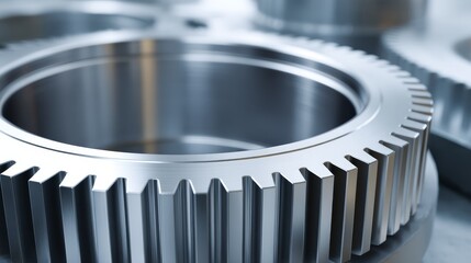 Poster - A close-up of a metallic gear features sharp symmetrical spokes and a shiny chrome surface, set against a clean white background, ideal for industrial concepts