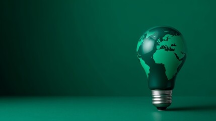 Poster - A glowing green light bulb featuring a world map overlay sits against a solid green background, representing global eco energy and environmental consciousness