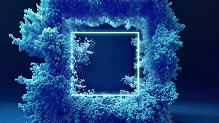 Poster - Abstract blue particles form a textured structure with an empty square frame for branding, 4K abstract particles with copy or logo square frame CGI