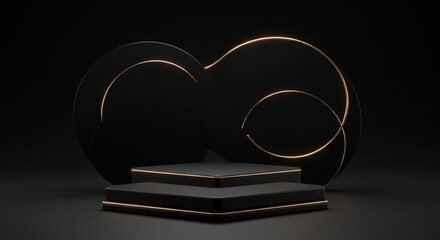 Poster - Elegant black and gold product display podium with geometric shapes and golden lines, perfect for showcasing products in a luxurious setting