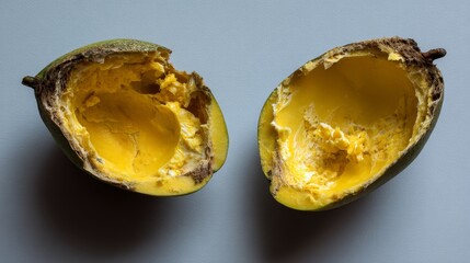 Poster - A halved golden mango reveals vibrant, juicy flesh within its rugged skin, set against a soft backdrop, ideal for showcasing fresh fruit's appeal