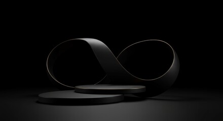 Poster - Elegant black podium display with infinity symbol ribbon, gold accents, and minimalistic design, perfect for showcasing products and concepts against a dark backdrop.