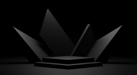 Poster - Minimalist Black Stage Design with Geometric Shapes and Shadows, Perfect for Product Presentation, Digital Artwork, Modern Aesthetic, and Abstract Backgrounds