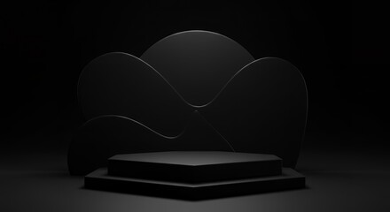 Poster - Minimalist black stage podium with abstract background design, perfect for product display, showcase, presentation, or advertising against a dark backdrop.