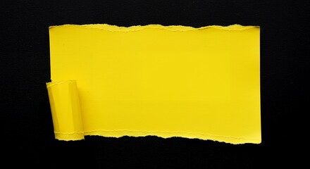Poster - Yellow paper torn against a black background, revealing space for text or design, with a curled edge, highlighting the contrast.