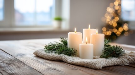 Poster - Softly glowing candles paired with cedar branches enhance the warmth of a cozy holiday setting on a rustic wooden table, illuminated by gentle bokeh lights