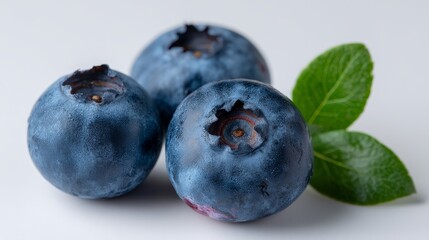 Aufkleber - Three ripe blueberries with a single green leaf are showcased in a macro shot against a white background, emphasizing their vibrant colors and fresh appearance