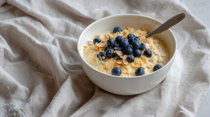 Poster - Fresh oats in a bowl are beautifully garnished with blueberries, almond flakes, and chia seeds, set on a linen napkin and illuminated by soft natural light