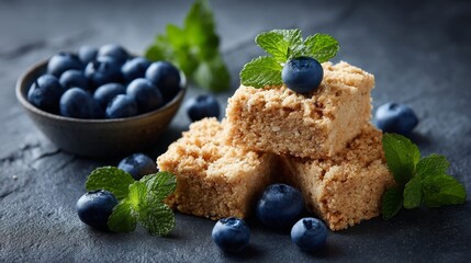 Poster - Overhead view features three blueberry oat squares topped with fresh blueberries and mint sprigs, creating a warm and inviting look on dark stone