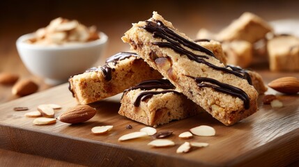 Poster - Overhead view showcases three almond biscotti drizzled with dark chocolate on a rustic wooden board, complemented by scattered almond slivers in warm lighting