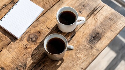 Aufkleber - Two ceramic mugs of steaming dark roast sit on a vintage wooden desk, accompanied by a paper notebook as sunlight creates cozy shadows around the scene