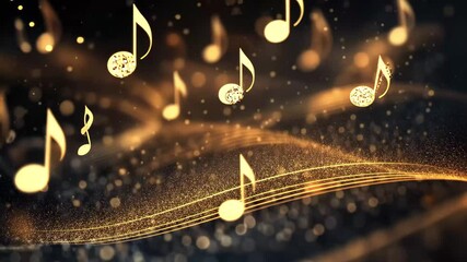 Poster - Music notes flow gracefully through a shimmering golden background in an enchanting display of rhythm and melody, Music notes flowing