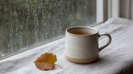 Poster - A stoneware mug rests beside a fallen leaf on a linen-covered windowsill, illuminated by soft morning light with a misty view outside