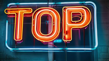 Poster - Bright neon sign featuring the word TOP illuminating a dark urban environment at night, Neon with the letters TOP 10
