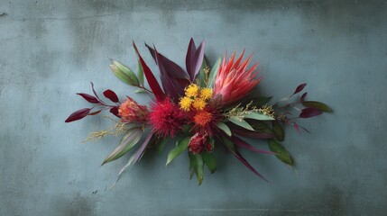 Poster - Colorful tropical leaves and blossoms are artfully arranged in a radial layout, highlighting the beauty of exotic plants with a blank area for copy on one side