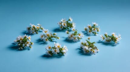 Leinwandbilder - Small clusters of vibrant daisy flowers display their stems and petals against a bright blue background, creating a lively and fresh arrangement