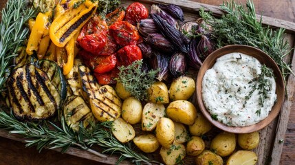 Poster - The wooden platter showcases grilled vegetable wraps, crispy potato wedges, and a creamy herb dip, inviting a hearty and fresh dining experience