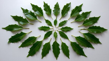 Aufkleber - Leafy green elements are artistically arranged in a symmetrical pattern radiating from a central point, set against a neutral backdrop with space for text