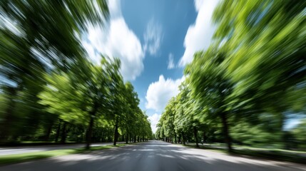 Poster - Trees gently fade into soft hues of green, blending with a bright blue sky filled with fluffy clouds, creating a peaceful atmosphere perfect for relaxation