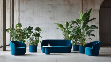 Poster - Bright spacious room features a modern blue sofa with matching armchairs, surrounded by lush indoor plants and wall art, creating a serene and inviting space