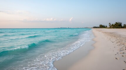 Poster - Gentle waves roll onto the shore while dusk settles in, casting a tranquil light over the beach and illuminating the calm waters and pastel skies