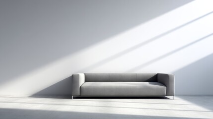 Poster - Bright interior features a simple gray couch positioned in front of an unseen window, complemented by pale flooring that enhances the airy ambiance