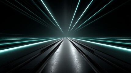 Poster - A sleek geometric pattern in teal and silver is illuminated by a soft neon glow, creating a futuristic atmosphere with ample space for text on the right