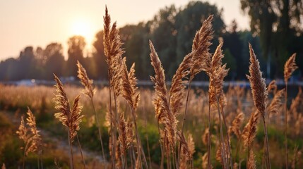 Poster - In a vast meadow, tall grass sways gracefully in the wind, bathed in soft golden light during the late afternoon. The tranquil atmosphere invites contemplation
