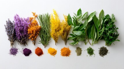 Poster - A colorful assortment of fresh herbs and spices lays on a white surface, featuring lavender, yellow flowers, and various herbs, perfect for culinary use or decoration