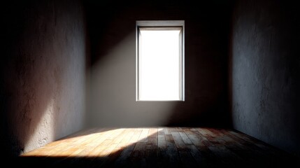 Poster - Bright sunlight enters through a narrow window, casting a glow on the empty oak floor of the minimalist room with matte raven walls