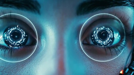 Poster - Closeup of a female cyborg's face with glowing eyes highlighting advanced technology, Closeup shot of a female cyborgs face opening electroni digital eyes on background
