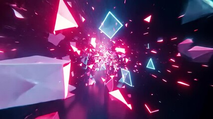 Poster - Neon glowing futuristic polygonal particles create a dazzling abstract tunnel effect at night, Neon glowing futuristic polygonal particles abstract hi-tech motion background