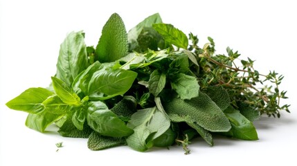 Poster - Vibrant green sprigs of fresh basil and thyme create a lush, aromatic pile, capturing the essence of natural herbs perfect for culinary use