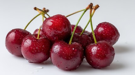 Aufkleber - A cluster of fresh red cherries covered in dew, highlighting their shiny surface and crisp lighting. This captures the essence of summer produce in detail