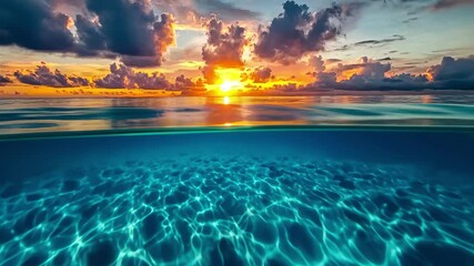 Poster - Moving towards vibrant sunset clouds over the tranquil Indian Ocean, Maldivian island in Indian ocean, camera moving over water towards sunset clouds and the sun